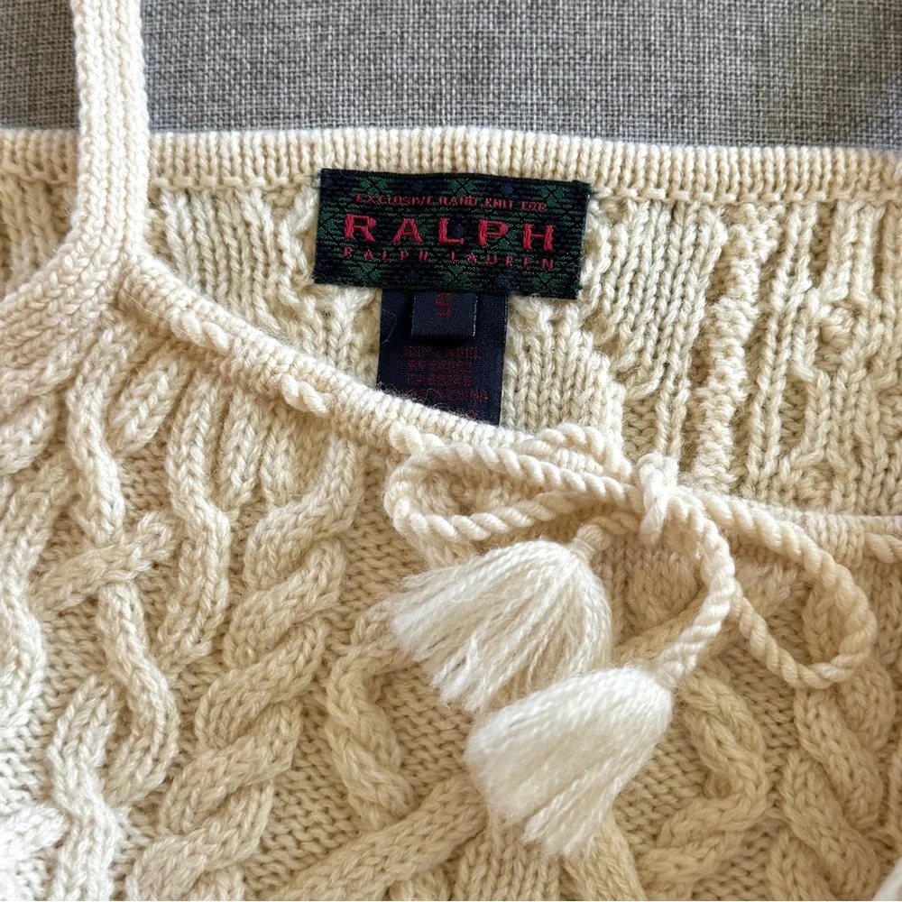 Ralph Lauren Vintage Cropped Wool Aran Knit Sweater Tank Cream Froth | S - Picture 3 of 4